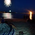 [CREDIT: Mary Carlos] George Nippo with his wife, Loida Minchez and their twin daughters, Mina and Raquel, 2, while watching Warwick's 2014 Fourth of July fireworks from the Warwick City Park beach. Fireworks in Rhode Island are back on the calendar as vaccinations make crowds a safer prospect.