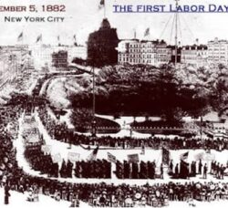 The first Labor Day parade, held Sept. 5, 1882, in New York City, is shown in this artist's rendering. CREDIT: U.S. Department of Labor