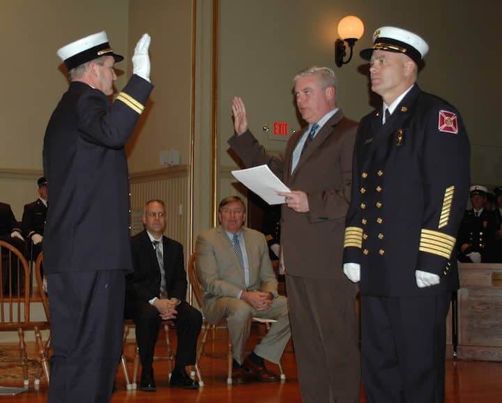 [CREDIT: Rob Borkowski] Richard Bellevance is sworn in as Battalion Chief by Mayor Scott Avedisian.