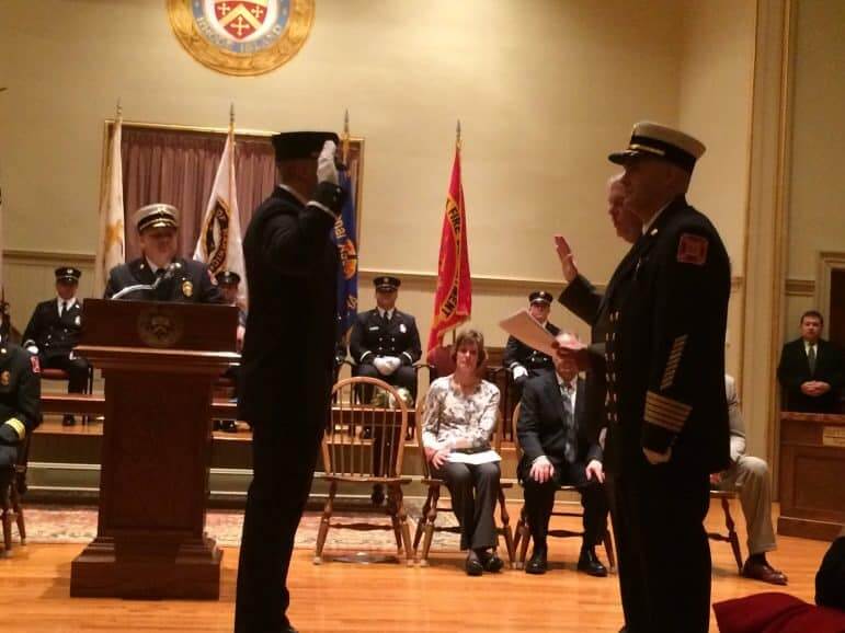 [CREDIT: Rob Borkowski] Christopher Albro is sworn in as Lt. by Mayor Scott Avedisian.