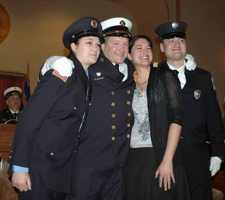 [CREDIT: Rob Borkowski] Rick Bellevance with his daughter, North Providence Firefighter Victoria Bellavance, Warwick Firefighter Cody Bellevance, and his daughter Elizabeth.