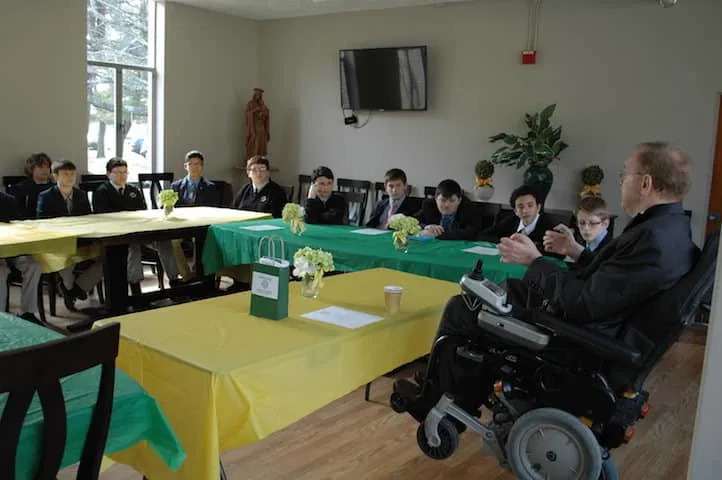 [CREDIT: Rob Borkowski] Congressman Jim Langevin speaks to Hendriken Schoo's first eighth grade class.