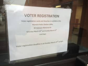 [CREDIT: Rob Borkowski] A drop box and blank voter registration forms are available at Warwick Police Headquarters in the lobby until 4 p.m. Sunday.