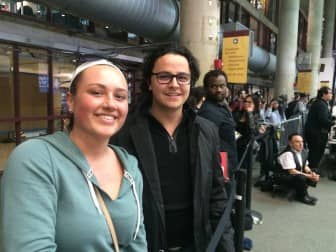 [CREDIT: Rob Borkowski] CCRI students Skylar Florio and Ben Saccoiccio, on the first floor to watch their friend, Student Body President Dave Sears, speak in advance of former president Bill Clinton's speech at CCRI Thursday. 