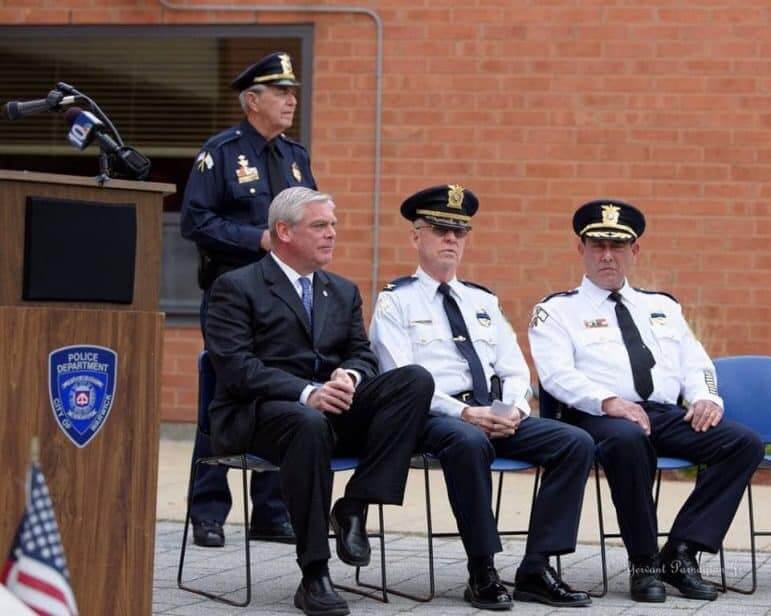 [CREDIT: Ret. Officer Yerv Parnagian] From left, Inspector Chris Mathiesen, Mayor Scott Avedisian, WPD Chief Col. Stephen McCartney, WPD Deputy Chief Michael Babula. 