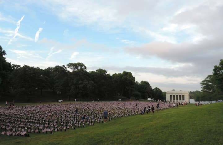 [CREDIT: Lincoln Smith] The Boots on the Ground exhibit honoring the men and women who have died in service since Sept. 11, 2001.