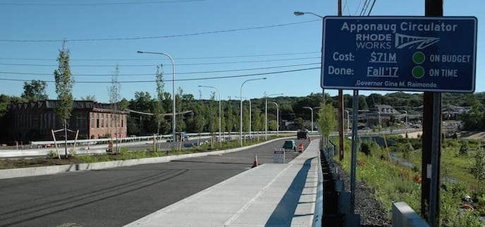 [CREDIT: Rob Borkowski] The view down the Veterans Memorial Drive Extension. facing the Toll Gate, Centerville Road and Gilbane Street roundabout.