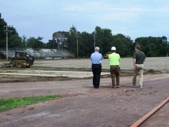 [CREDIT: Mayor Avedisian's Office] Mayor Scott Avedisian and Superintendent Phil Thornton inspected work on Pilgrim High School's track Tuesday, Aug. 2.