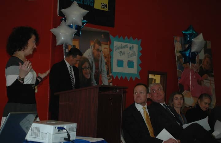 [CREDIT: Rob Borkowski] From left, Boys and Girls Club Executive Director Lara D’Antuono, Sean Collins, Bill Peffer, Mayor Scott Avedisian, Stephanie Van Patten, and Warwick Schools Chief Academic Officer Sheryl Rabbitt.