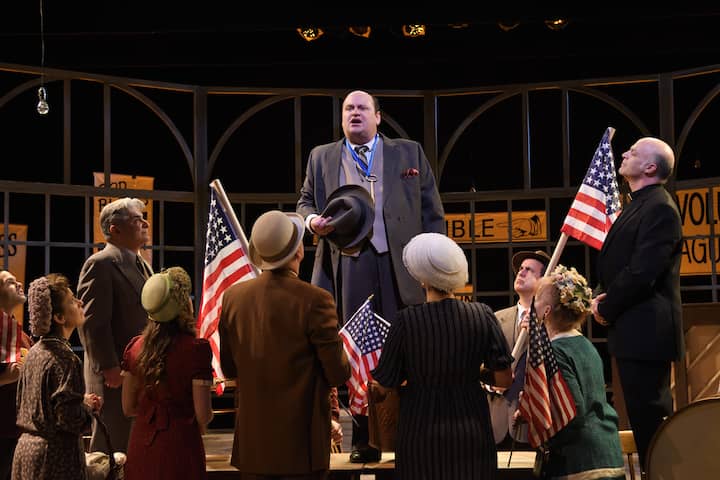 [CREDIT: Mark Turek] Brady addresses the townspeople of Hillsboro in OSTC's "Inherit the Wind".