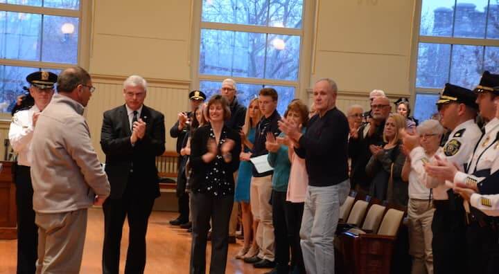 [CREDIT: Rob Borkowski] The room stands to applaud the actions of Connor Devine, 19 of Warwick, a Rite Aid employees, and Stanley Bastien, 51, of Warwick, who restrained Gallant until Warwick officers arrived and arrested him March 5 after he stabbed Rite Aid clerk Alyssa Garcia, 18, of Warwick.