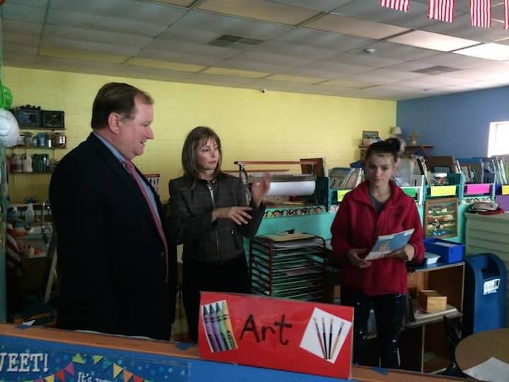 [CREDIT: Rob Borkowski] Sen. Michael J. McCaffrey (D-Dist. 29), Mary Lou Reynolds, and Ashley Ogrodowicz, three year old teacher, talk inside Wonderkids daycare.