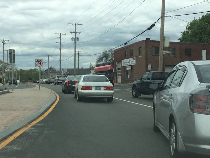 [CREDIT: Rob Borkowski] The section of Post Road between West Shore Road and Veterans Memorial Drive.