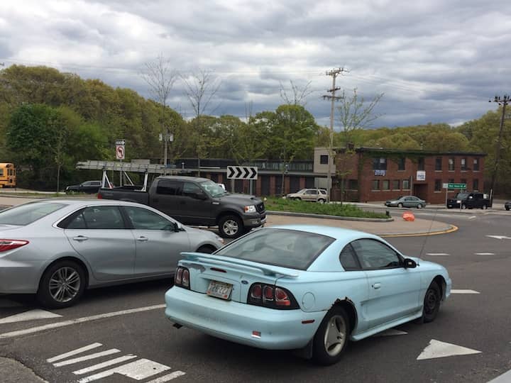 [CREDIT: Rob Borkowski] The intersection/roundabout at West Shore Road and Post Road, facing the Veterans Memorial Drive/Post Road Extension roundabout (#3, #7).