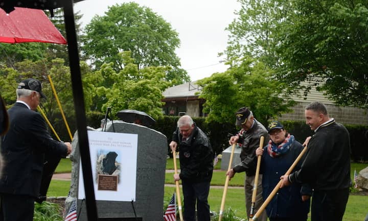 [CREDIT: Rob Borkowski] A ceremonial ground breaking for the new Cold War monument during 2017 Memorial Day ceremonies in front of Warwick Veterans Jr. High.