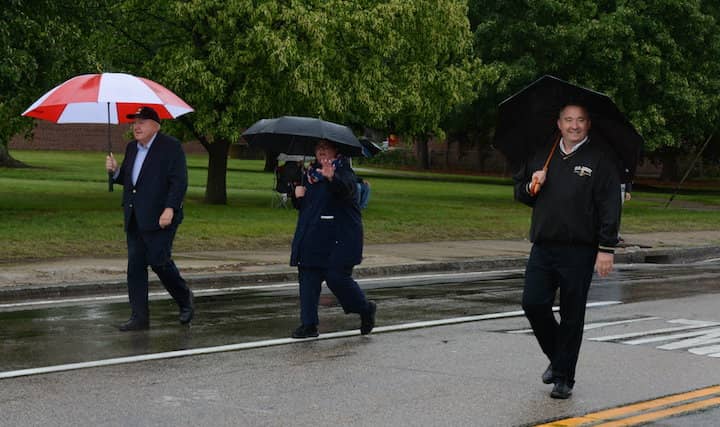 [CREDIT: Rob Borkowski] From left, former Ward 2 Councilman Thomas Chadronet, Rep. Camille Vella-Wllkinson, and Councilman Timothy Howe in the 2017 Memorial Day parade.