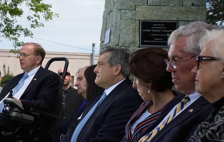 [CREDIT: Mary Carlos] From left, Congressman Jim Langevin, Sen. Jack Reed, Gina Russo, Gene Valicente, Gov. Gina Raimondo, former and Gov. Donald Cacieri at the Station Fire Memorial dedication.