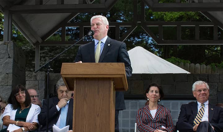 [CREDIT: Mary Carlos] Mayor Scott Avedisian speaks during the dedication of the Station Fire Memorial.