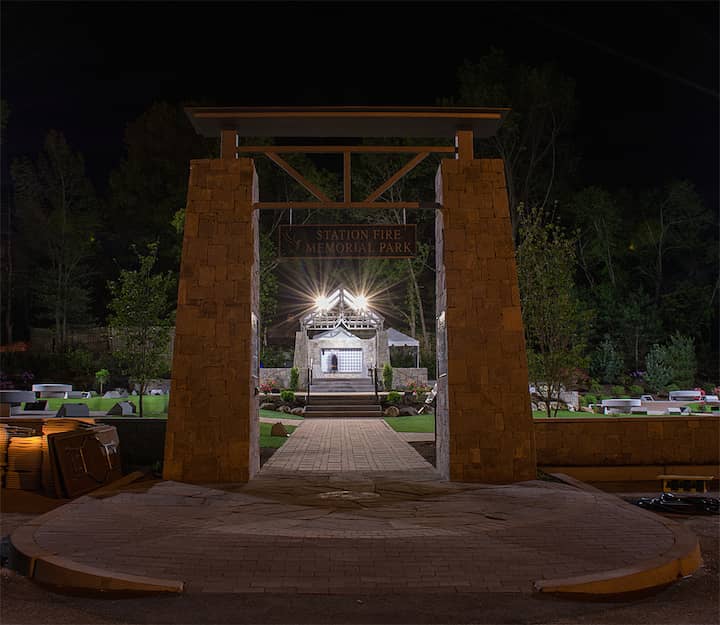 [CREDIT: Mary Carlos] The Station Fire Memorial , viewed at night. 