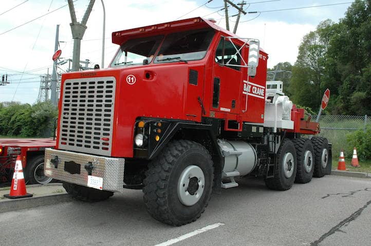 [CREDIT: Rob Borkowski] Bay Crane's Oshkosh truck, usually used to haul M1 Abrams tanks, at the Rte. 117 park&ride.