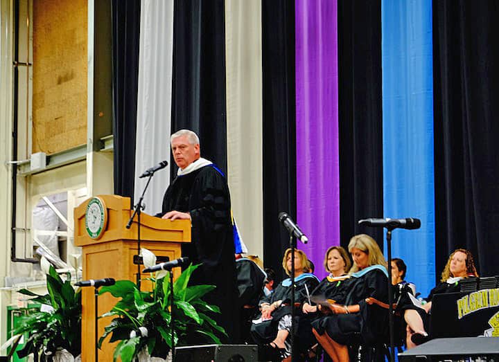 [CREDIT: Lauren Kasz] Mayor Scott Avedisian speaks to graduates at CCRI during the Pilgrim High School Class of 2017 graduation.