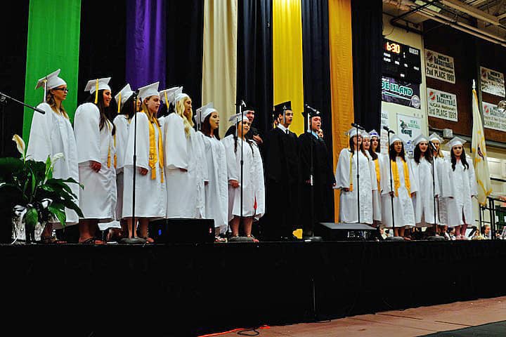 [CREDIT: Lauren Kasz] The Pilgrim Senior Chorus performs the school's Alma Mater, led by Chorus Director Jacqueline Soares at CCRI during the Pilgrim High School Class of 2017 graduation.