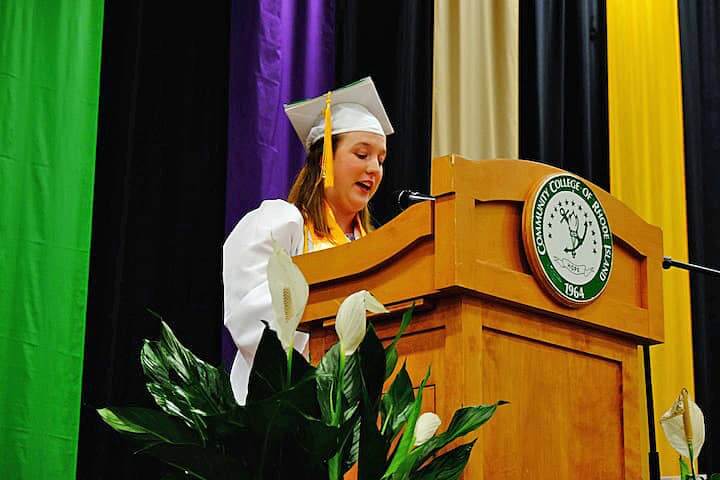 [CREDIT: Lauren Kasz] Valedictorian Alexandrea Pouliot addresses her fellow graduates at CCRI during the Pilgrim High School Class of 2017 graduation.