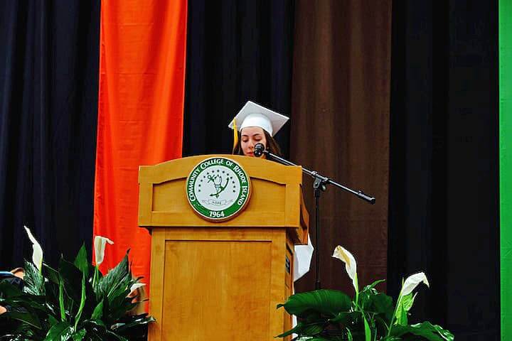 [CREDIT: Lauren Kasz] Salutatorian Chelsea Lavallee addresses her fellow graduates at CCRI during the Pilgrim High School Class of 2017 graduation.