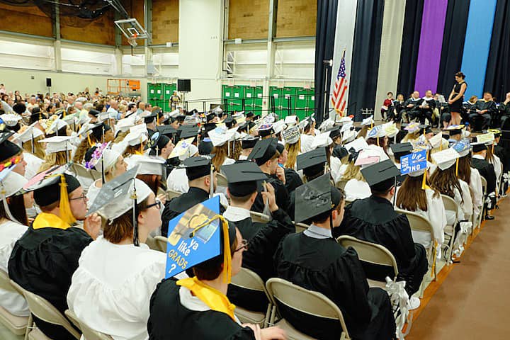 [CREDIT: Lauren Kasz] Graduates proudly displayed their custom-designed mortar boards at the Pilgrim High School Class of 2017 graduation.