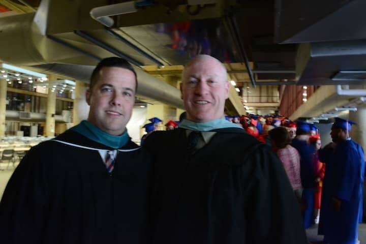 [CREDIT: Rob Borkowski] Pilgrim Principal Gerald Habershaw and Toll Gate Assistant Principal Tim Kaine, former principals at Warwick Veterans High, during graduation at CCRI Wednesday night. "I'm here for the Vets kids," Habershaw said.