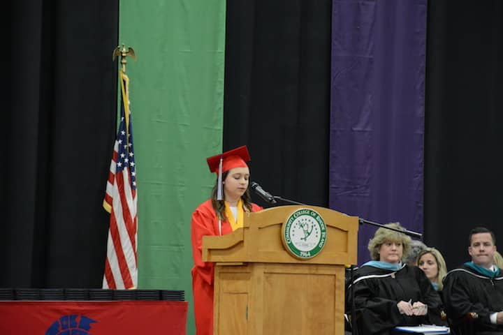 [CREDIT: Rob Borkowski] Salutatorian Maddie Axtmann speaks at the 2017 Toll Gate High Graduation.