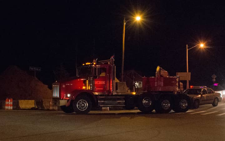 [PHOTO CREDTI: Mary Carlos] A rig following the generator broke down at the intersection of Rte. 102 and Flat River Road in Coventry.