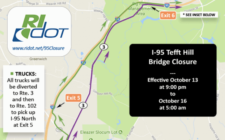 [CREDIT: RIDOT] RIDOT will close I-95 north the weekend of Oct. 13 at 9 p.m. to replace the Teft Hill Bridge.