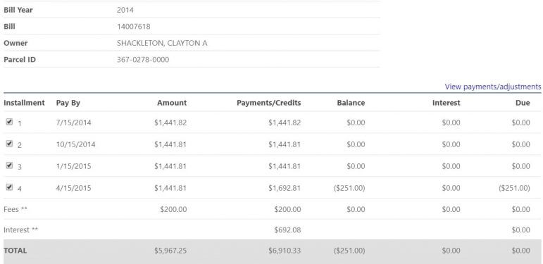 City tax records show payments of $6,910.33 in 2014 by Clayton A. Shackleton for Richard Corrente's residence. [From Warwick Tax Assessor database]