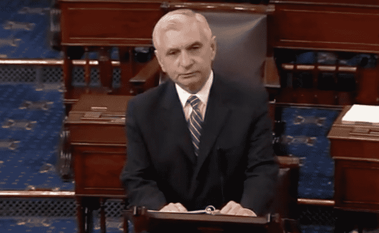 [CREDIT: US Sen. Jack Reed's office] US Sen. Jack Reed, D-RI, addresses Congress in July 2018 about the importance of securing elections from Russian interference and President Donald Trump's failure to stand up to Russian President Vladimir Putin.