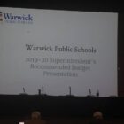 [CREDIT: Rob Borkowski] The first slide of a series of budget presentations Tuesday, April 23 at Warwick Veterans Memorial School.