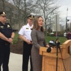 [CREDIT: Rob Borkowski] CCRI President Meghan Hughes speaks to media at CCRI's Knight Campus in Warwick following discovery of a shell casing at the school Wednesday, May 1, 2019.