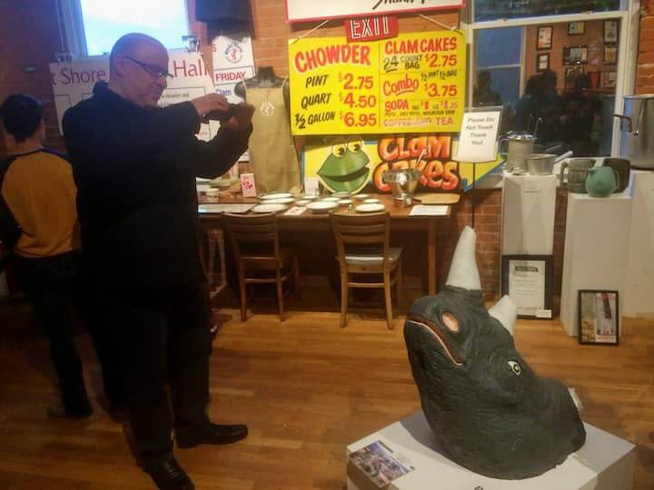 [CREDIT: Rob Borkowski] Leon Femino of North Providence takes a photo of a Rhino head, part of the kids park at Rocky Point, at the “Remembering Rocky Point Park! exhibit. 