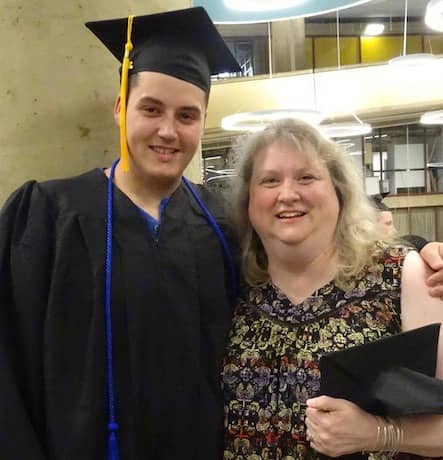 [Kim Wineman] Pilgrim Teacher Diane Johnson Chamberlin & Brandon Watkins at CCRI for Pilgrim High's 2019 graduation ceremony.