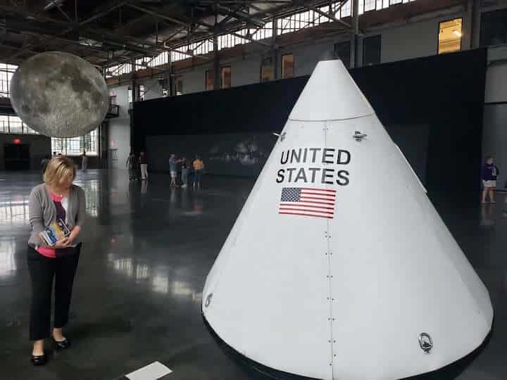 [CREDIT: Rob Borkowski] The Warwick-crafted replica of the Apollo 11 command module at the Waterfire Arts Center, not far from 7-meter replica of the moon. 