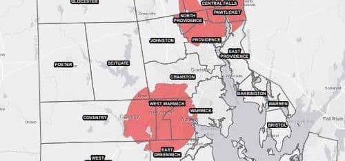 [CREDIT: DEM] A closeup of central RI communities that will be sprayed to protect against EEE bearing mosquitoes.