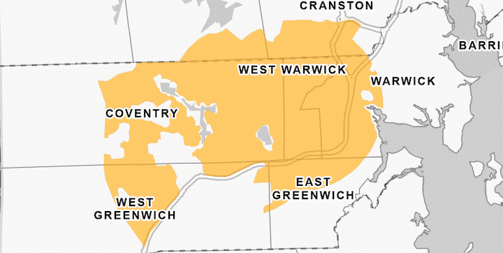 [CREDIT: DEM] A map of the West Warwick area of RI to be covered by a second round of aerial pesticide to control EEE-bearing mosquitoes,weather permitting, at night on Monday, Sept. 23.