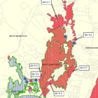 {CREDIT: DEM] A map of Point Judith Pond. Areas marked in red are closed to shellfishing, effective at noon Monday, Oct. 28, 2019.