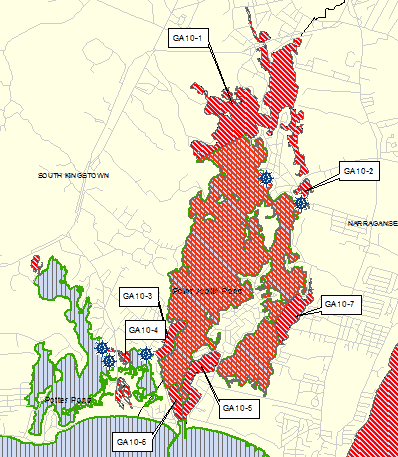 {CREDIT: DEM] A map of Point Judith Pond. Areas marked in red are closed to shellfishing, effective at noon Monday, Oct. 28, 2019.