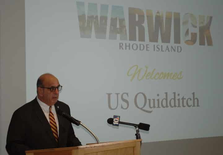 {CREDIT: Rob Borkowski] Warwick Mayor Joseph Solomon donned Harry Potter inspired glasses and tie Tuesday to announce Warwick's hosting of the 2019 Northeast Regional Quidditch Championship Oct. 26, 2019. The championship will return in 2020.