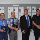 [CREDIT: WPD] The FBI's Resident Agent in Charge Rich Claflin and Special Agent Steve Medeiros presented certificates of appreciation to the members of the team that solved the murder Oct. 8. Pictured L-R: Sgt Matt Higgins, Sgt Mark Canning, Sgt Fred Pierce, Cpt Joe Hopkins, FBI RAC Rich Claflin, Col Rick Rathbun, Det Kerri Chatten, Det Gilda Fortier and criminalist Walt Williams.