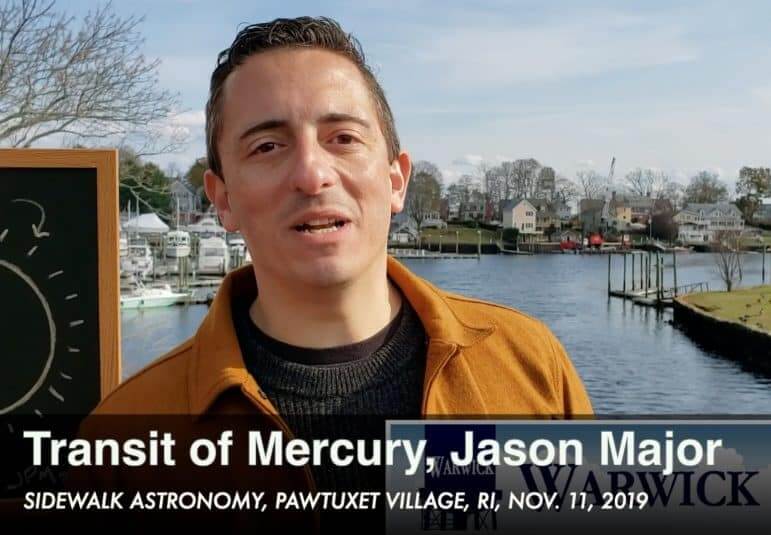 [CREDIT: Rob Borkowski] Jason Major set up his telescope in Pawtuxet Village Nov. 11, 2019 to give people a view of the Transit of Mercury.