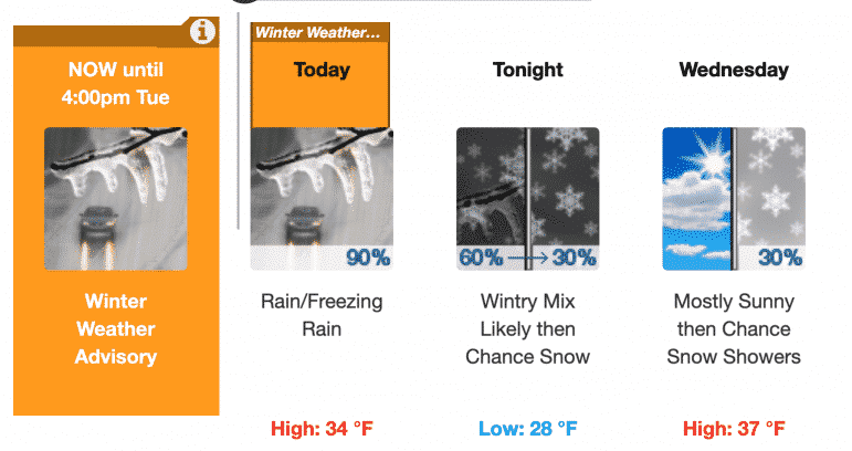 [NWS] The National Weather Service has issued a Winter Weather Advisory, and several area schools, including Warwick Schools, have cancelled classes for the day.