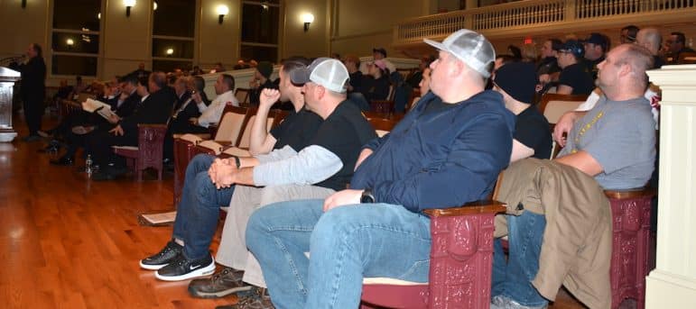 [CREDIT: Rob Borkowski] A crowd of firefighters filled the left half of council chambers Dec. 16 as the Warwick Finance Committee discussed and heard public comment on the newly negotiated firefighters contract.