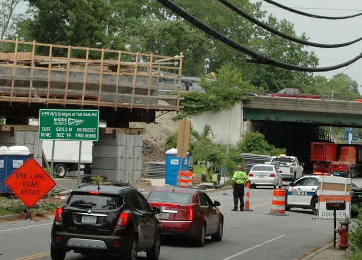 [CREDIT: Rob Borkowski] Work continues on the Toll Gate Bridge on Rte. 95. The new span was moved into place Wednesday morning.